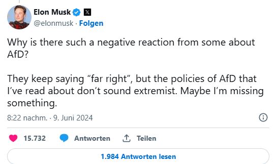 Elon Musk verteidigt die AfD